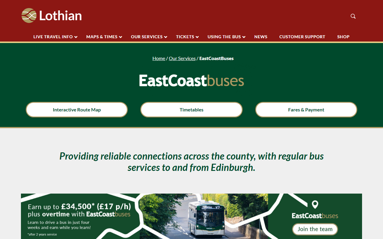 East Coast Buses website screenshot showing their bus services and timetable information