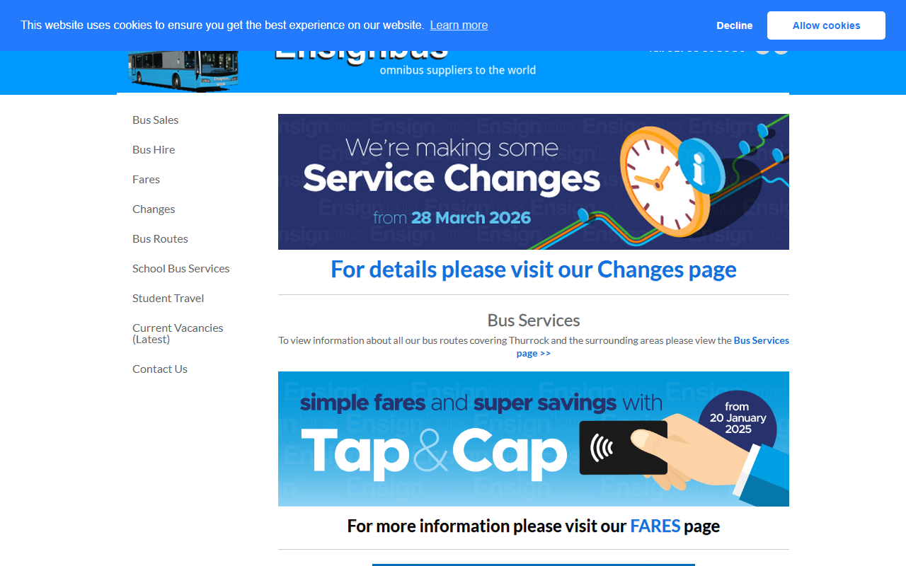 Ensign Bus website screenshot showing their bus services and timetable information