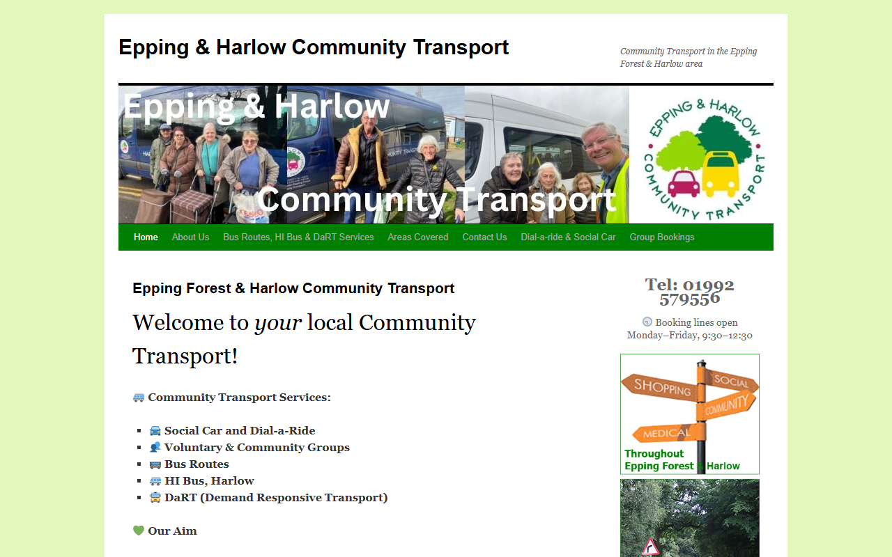 Epping Forest CT website screenshot showing their bus services and timetable information