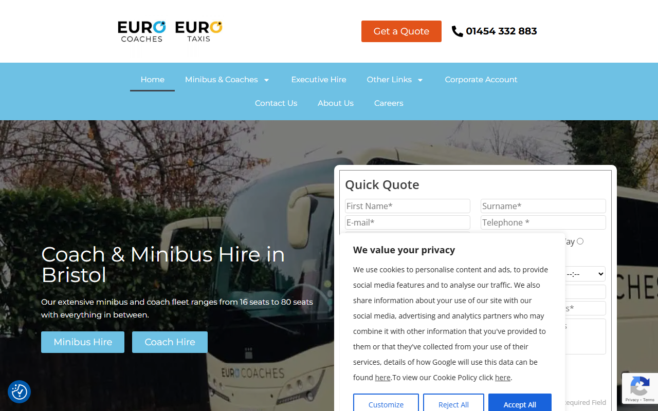 Eurocoaches Ltd website screenshot showing their bus services and timetable information
