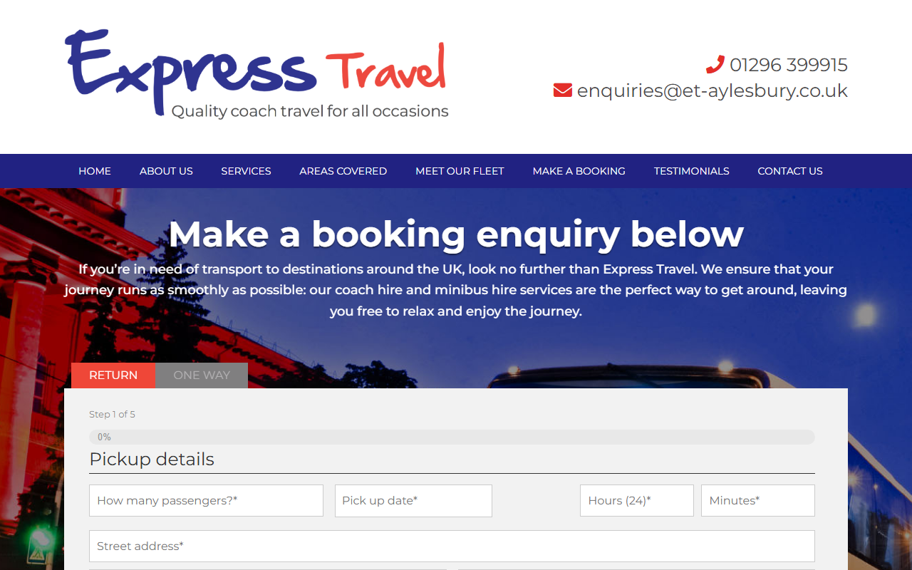 Express Travel Services website screenshot showing their bus services and timetable information