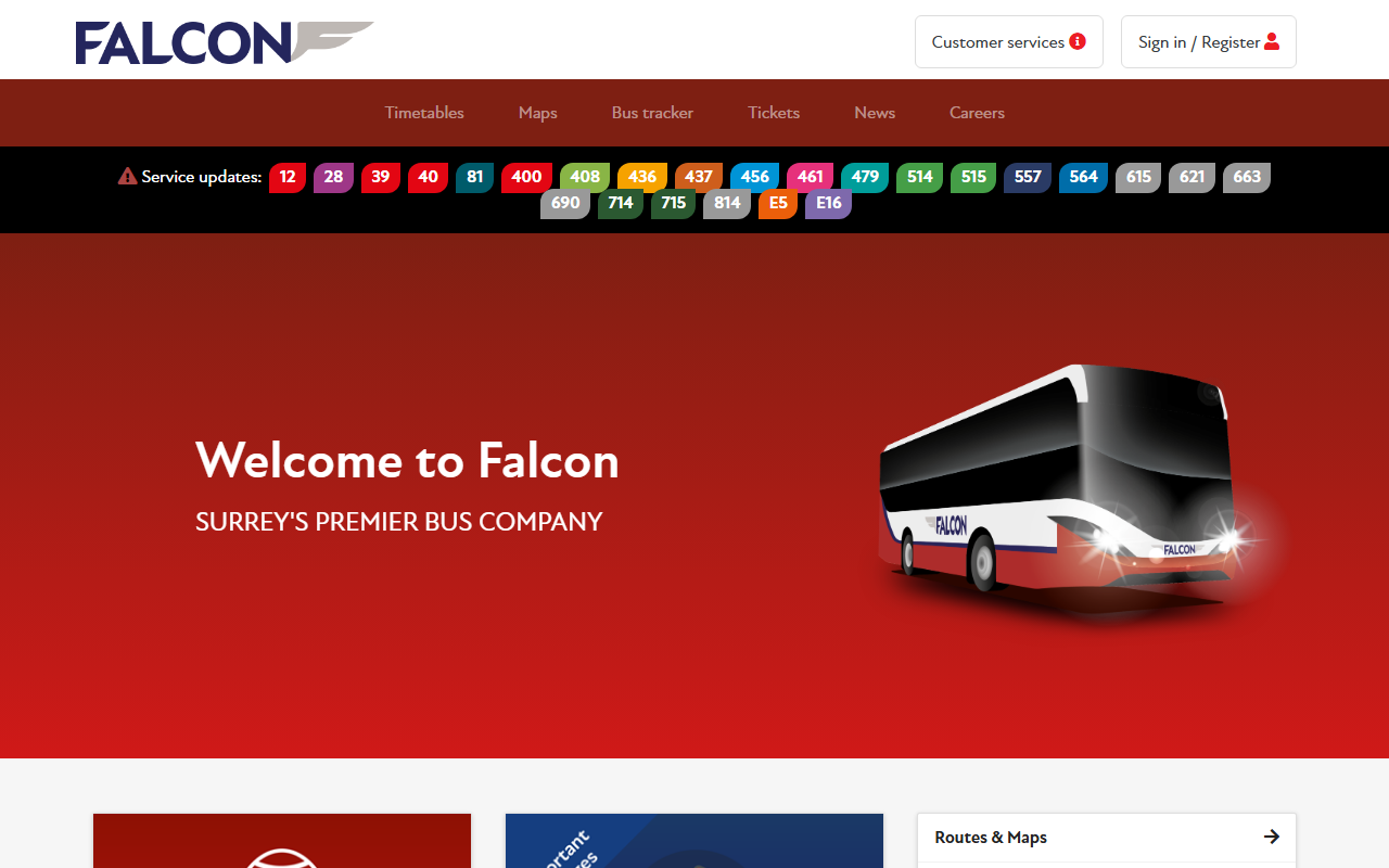 Falcon Buses website screenshot showing their bus services and timetable information