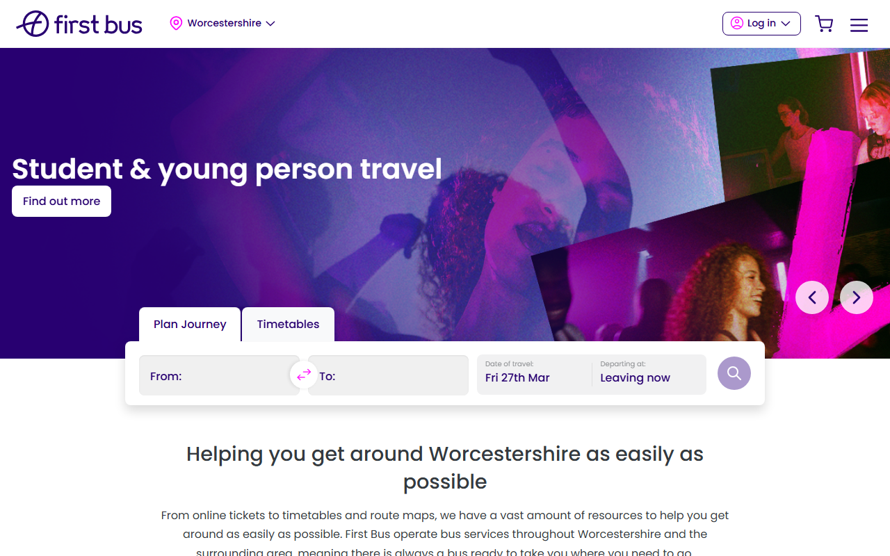 First Worcestershire website screenshot showing their bus services and timetable information