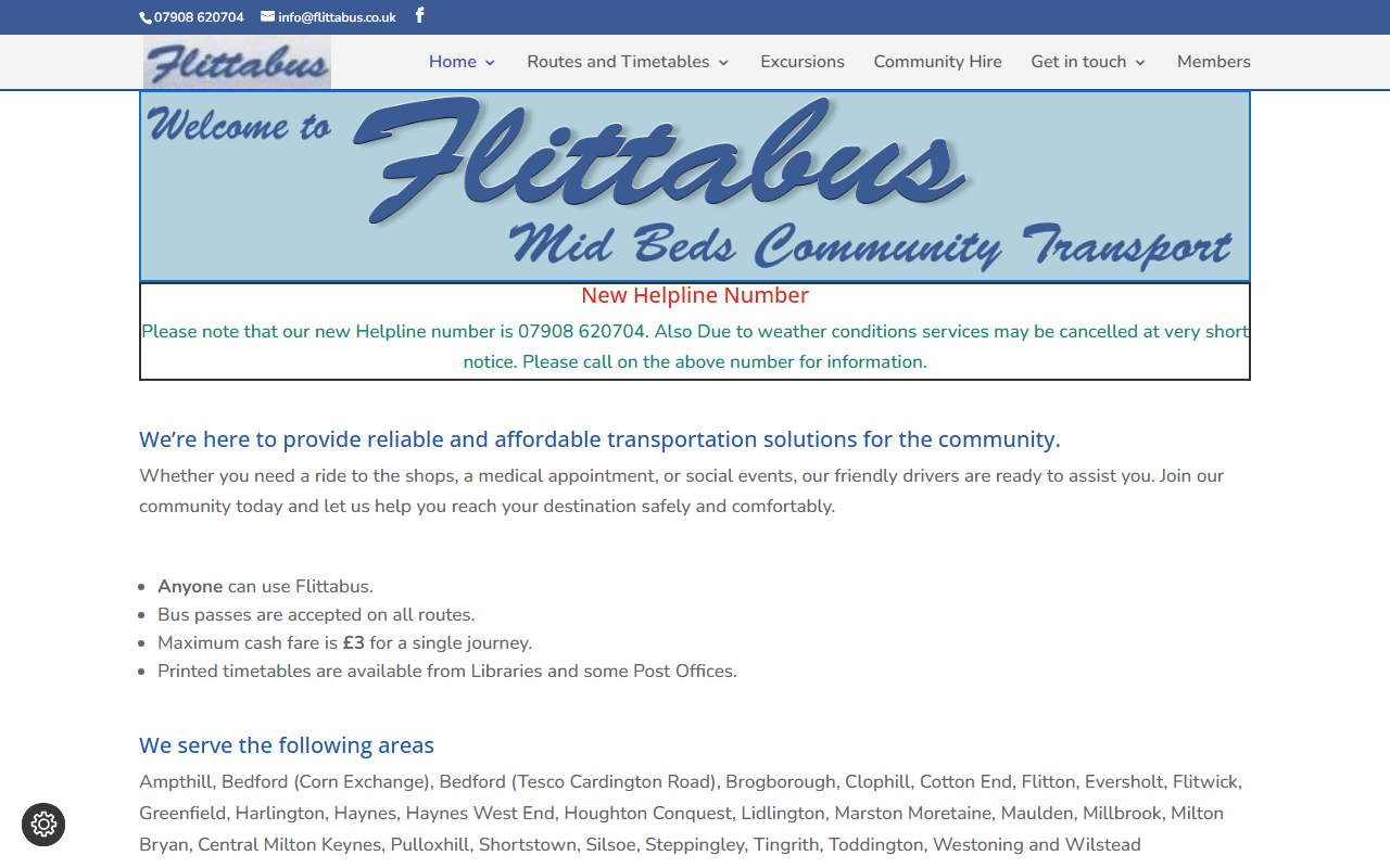 Flittabus website screenshot showing their bus services and timetable information