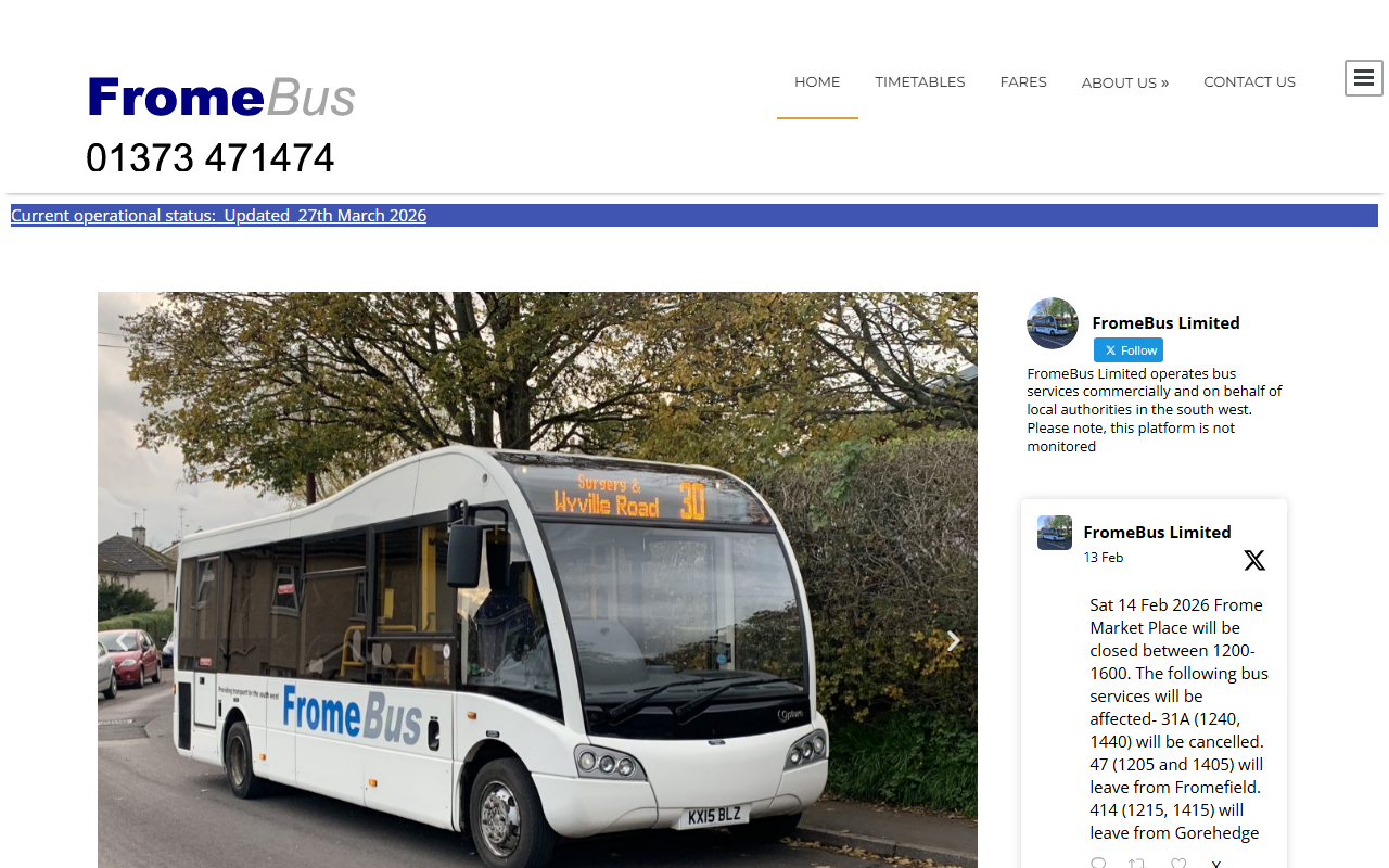 Frome Bus website screenshot showing their bus services and timetable information