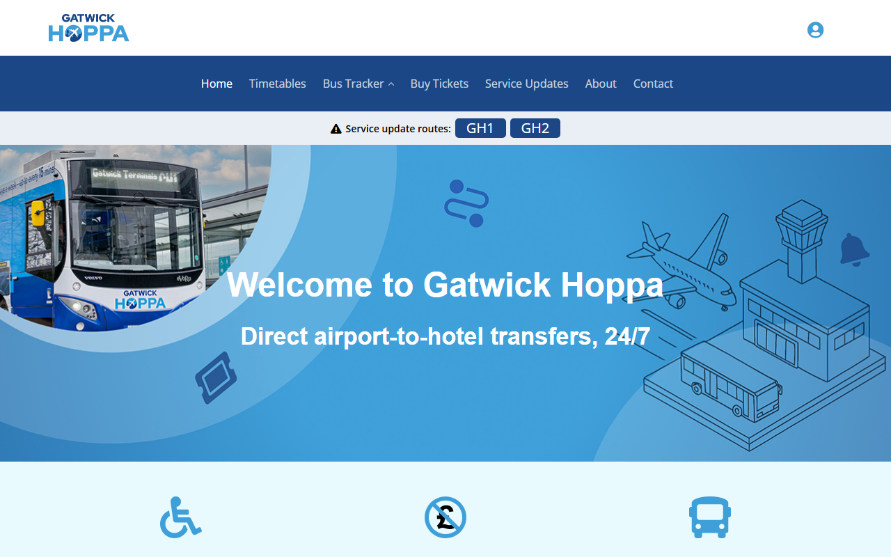 GATWICK HOPPA LTD website screenshot showing their bus services and timetable information