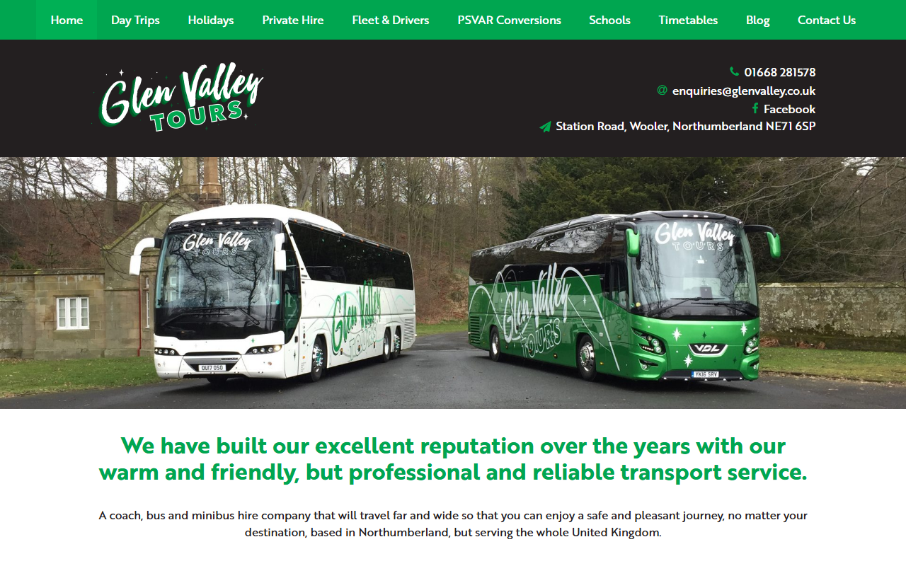 Glen Valley Tours website screenshot showing their bus services and timetable information