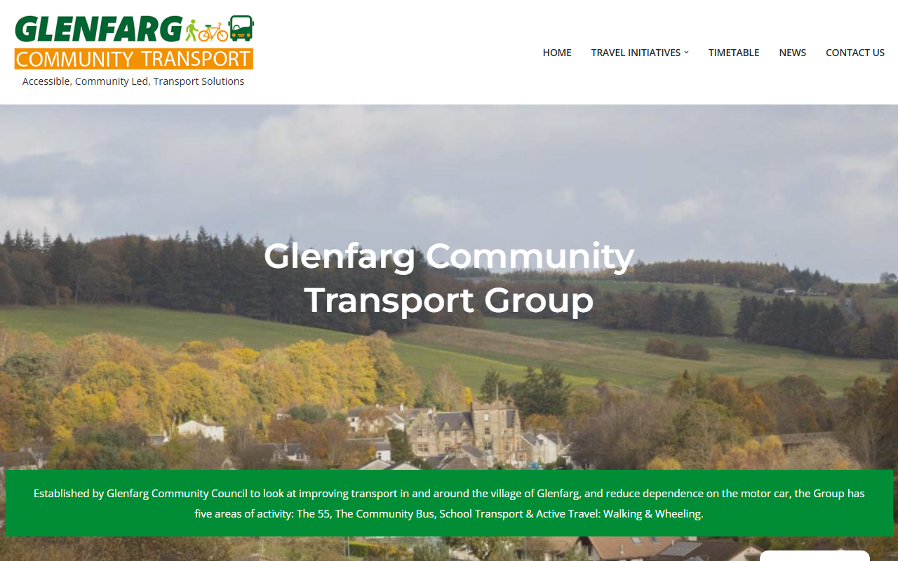 Glenfarg Community Trans website screenshot showing their bus services and timetable information