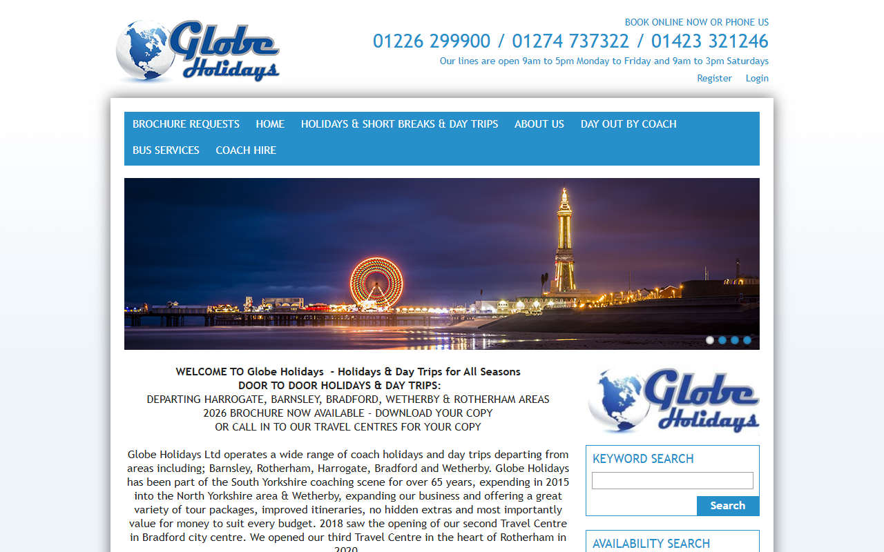 Globe Holidays Ltd website screenshot showing their bus services and timetable information
