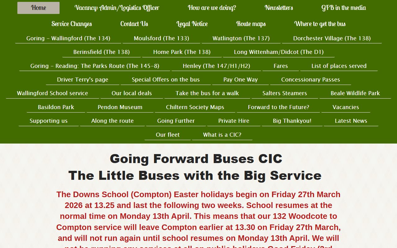 Going Forward Buses website screenshot showing their bus services and timetable information