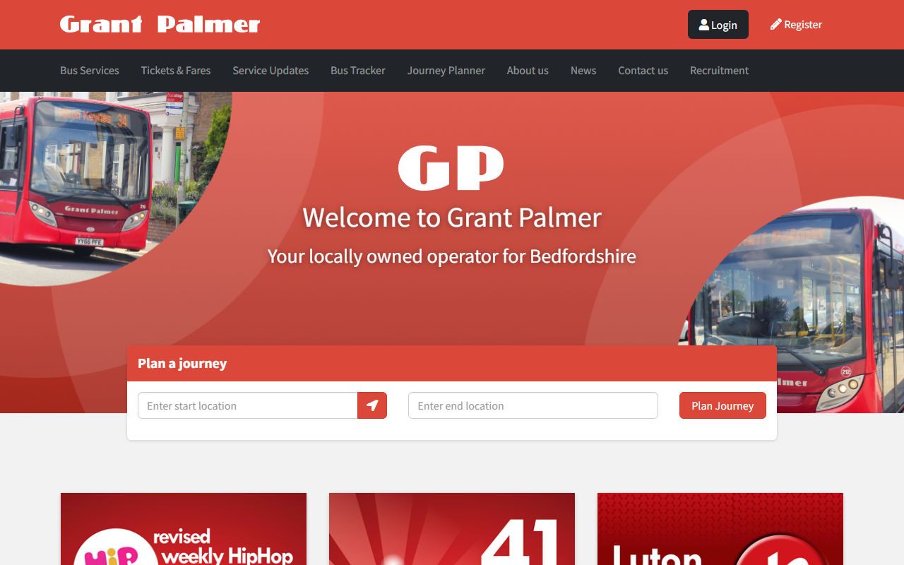 Grant Palmer website screenshot showing their bus services and timetable information