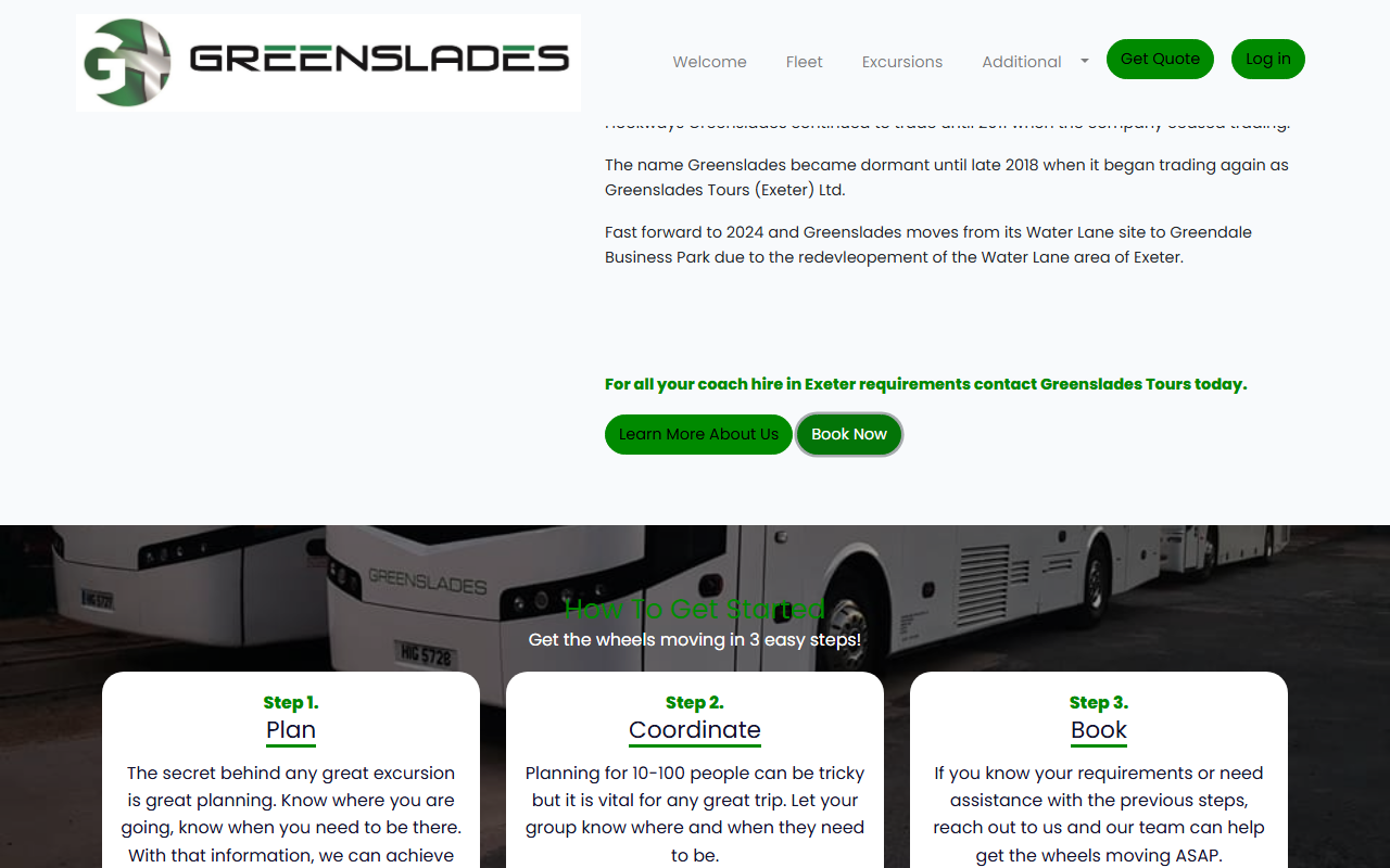 Greenslades Tours (Exeter) Ltd website screenshot showing their bus services and timetable information
