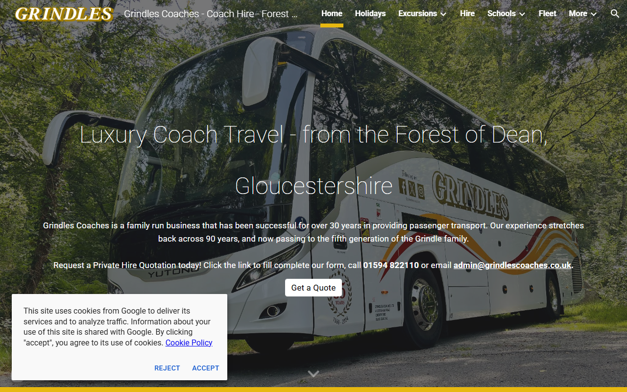 Grindles Coaches website screenshot showing their bus services and timetable information