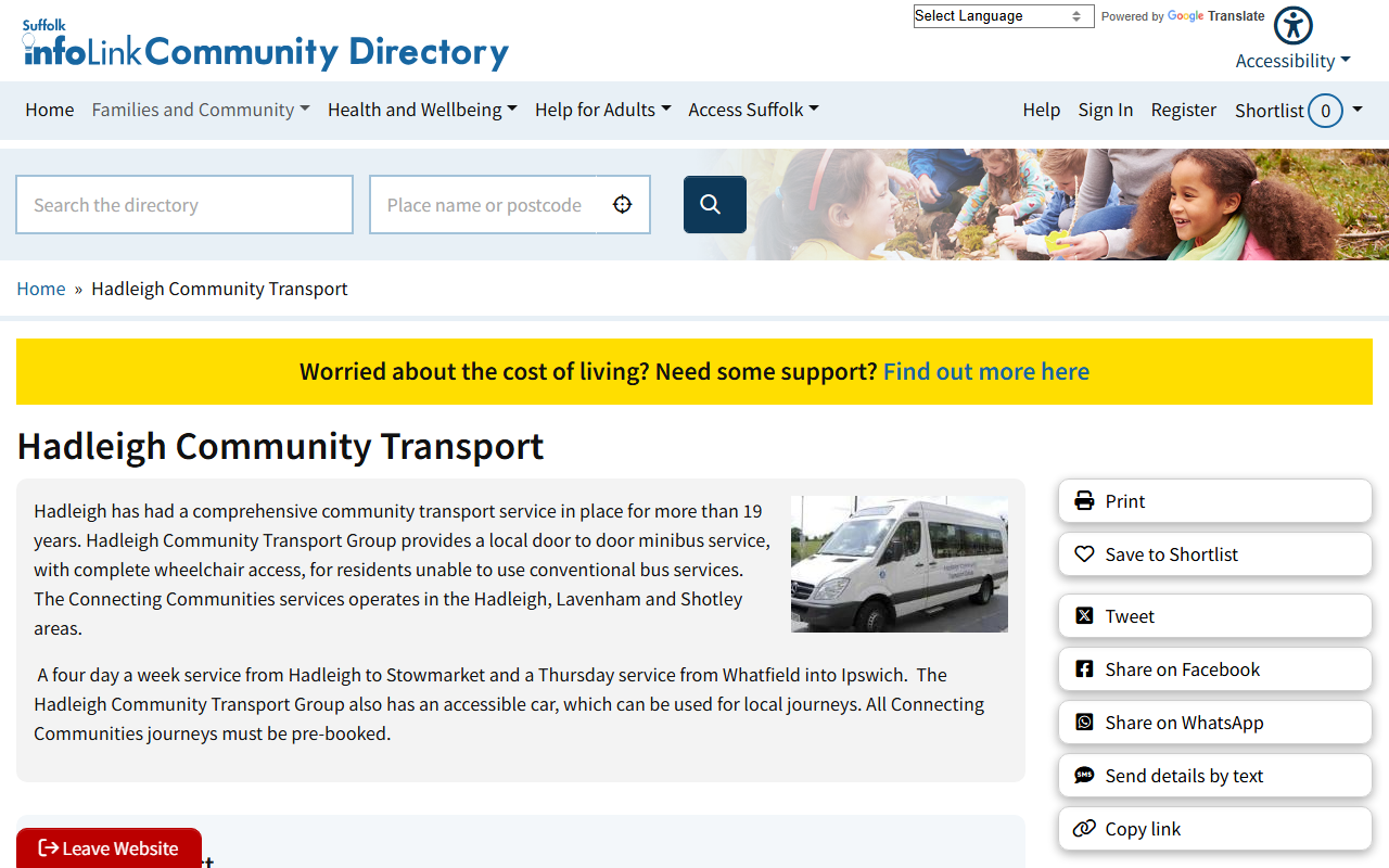 Hadleigh Community Tran website screenshot showing their bus services and timetable information