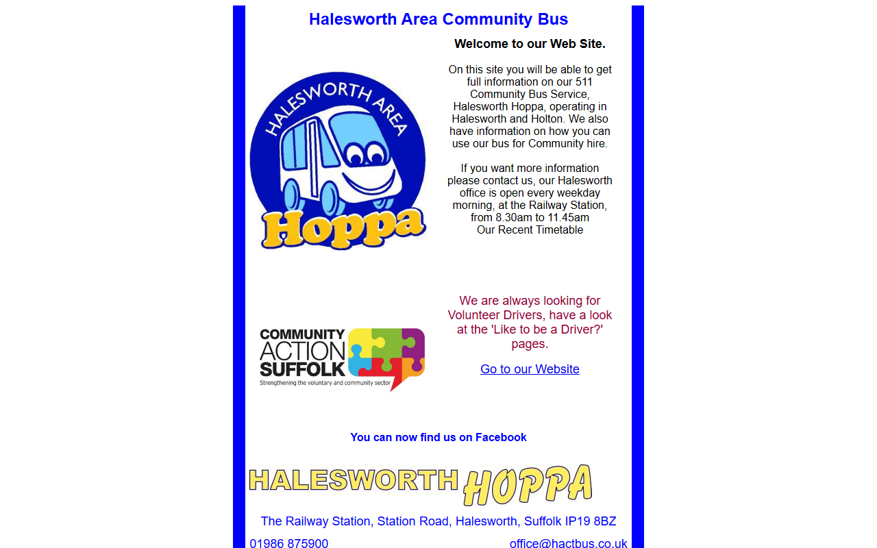 Halesworth Area Communi website screenshot showing their bus services and timetable information