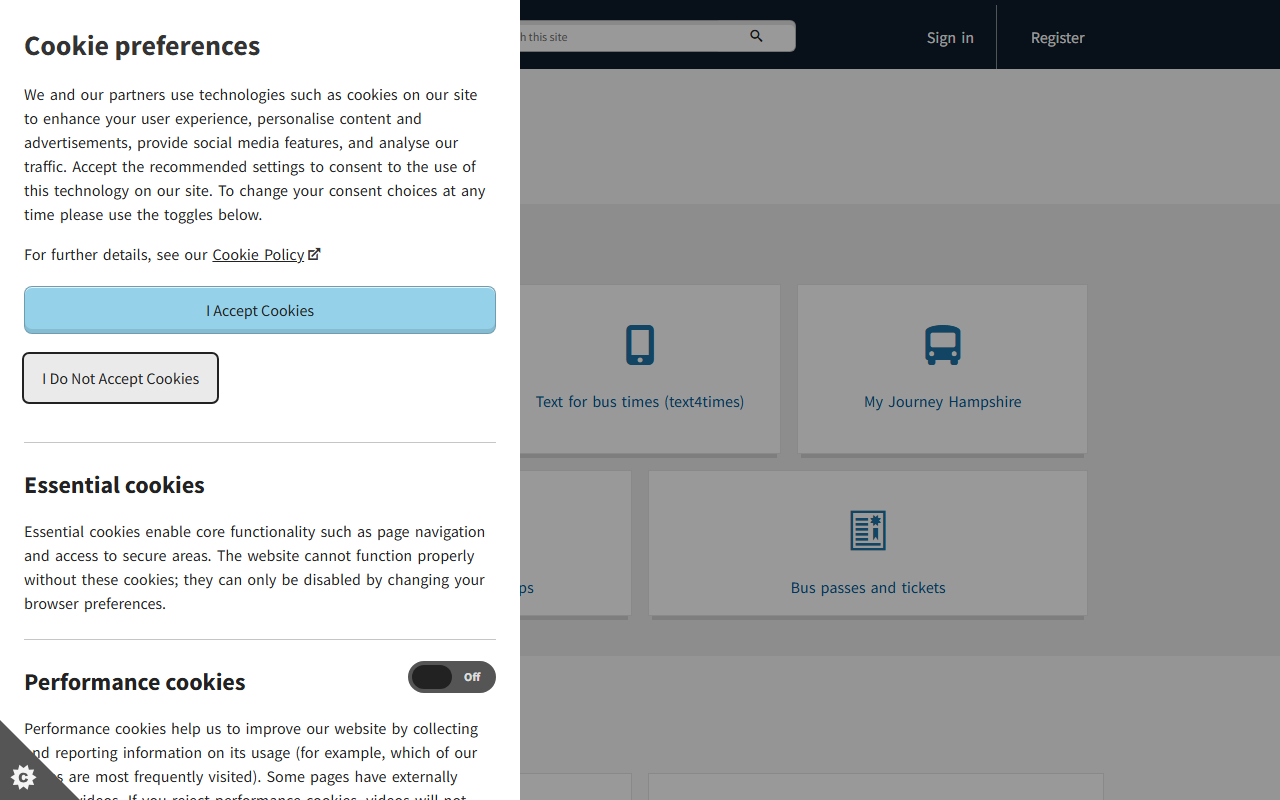 Hampshire Community Tra website screenshot showing their bus services and timetable information