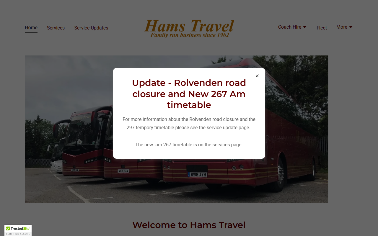 Hams Travel website screenshot showing their bus services and timetable information