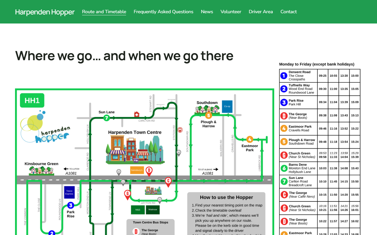 Harpenden Connect website screenshot showing their bus services and timetable information