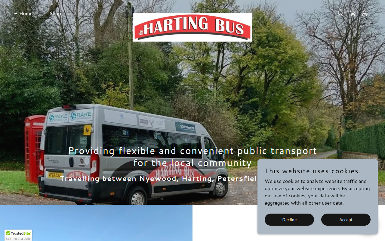 Harting Minibus CIC website screenshot showing their bus services and timetable information