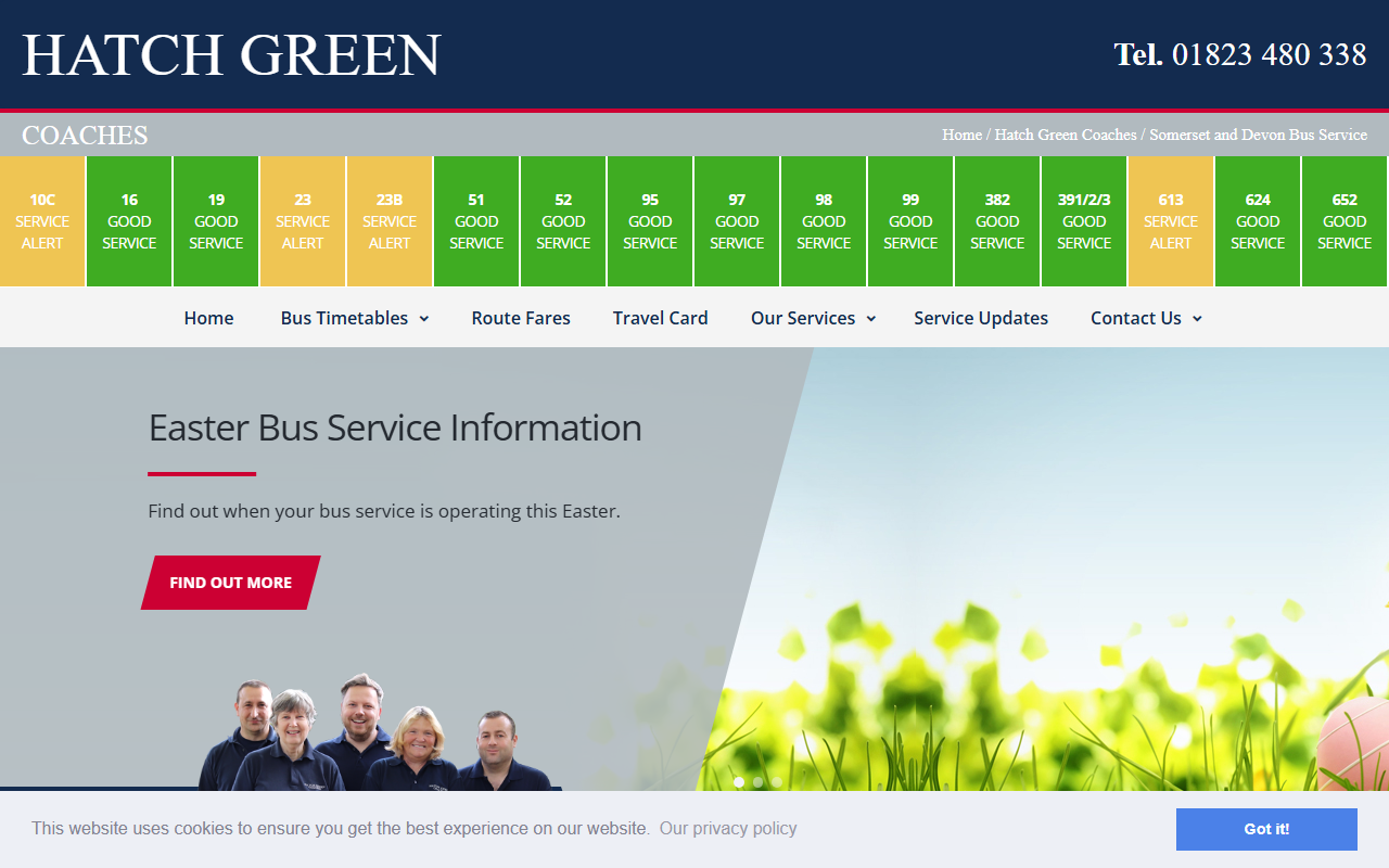 Hatch Green Coaches website screenshot showing their bus services and timetable information