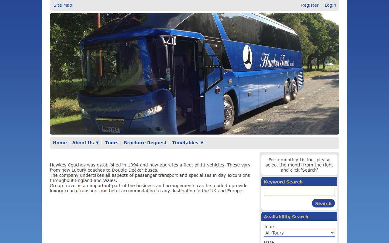 Hawkes Coaches website screenshot showing their bus services and timetable information