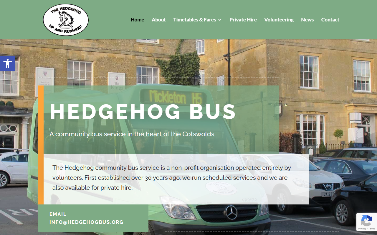 Hedgehog Community Bus website screenshot showing their bus services and timetable information
