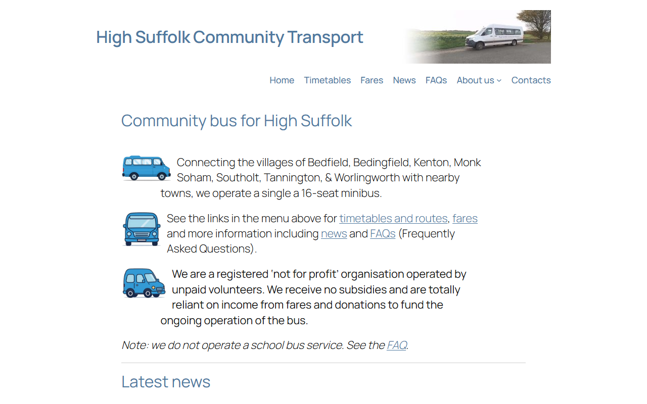 High Suffolk Community website screenshot showing their bus services and timetable information