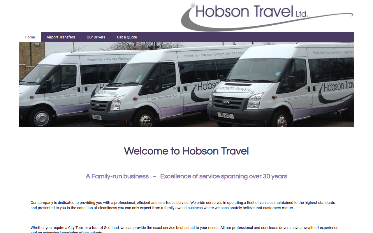 Hobson Travel website screenshot showing their bus services and timetable information