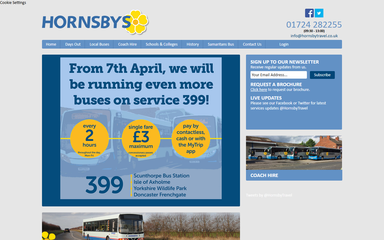 Hornsby Travel Ltd website screenshot showing their bus services and timetable information
