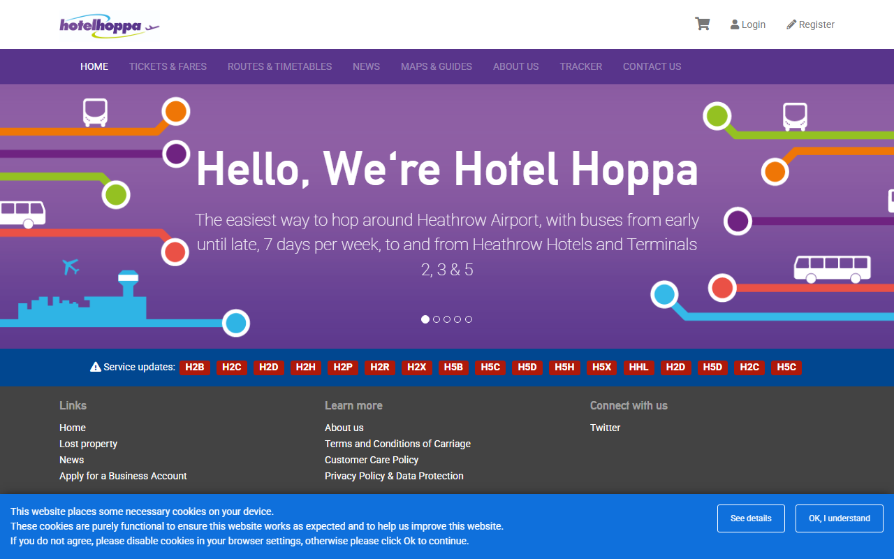Hotel Hoppa website screenshot showing their bus services and timetable information