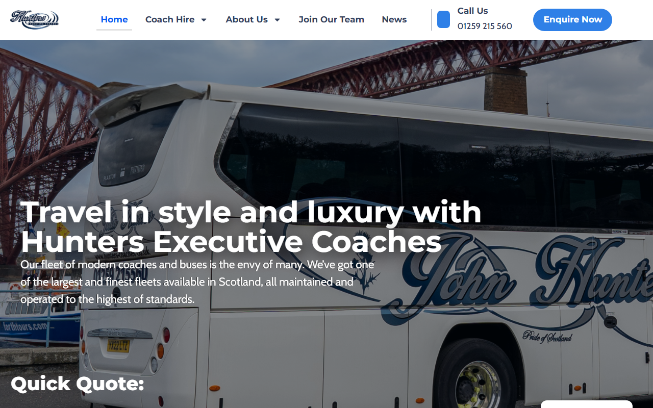 Hunters Exec Coaches website screenshot showing their bus services and timetable information