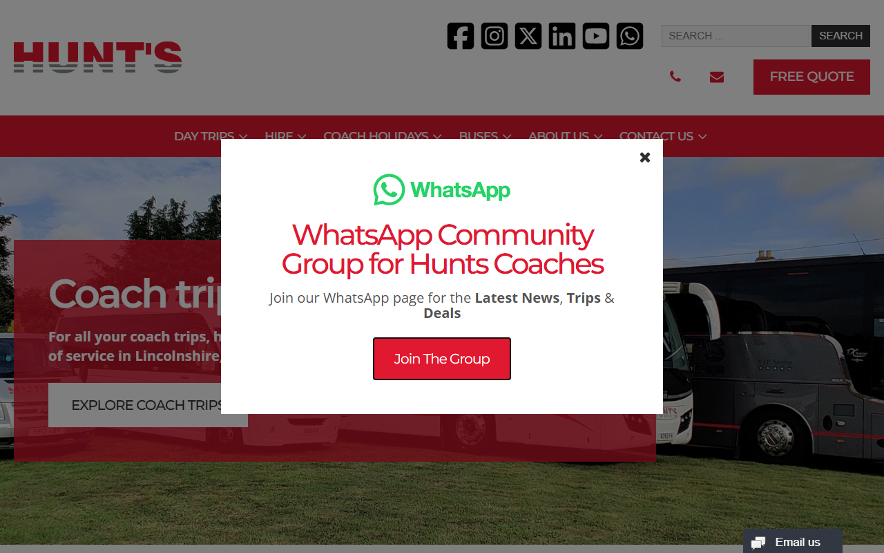 Hunts Coaches website screenshot showing their bus services and timetable information
