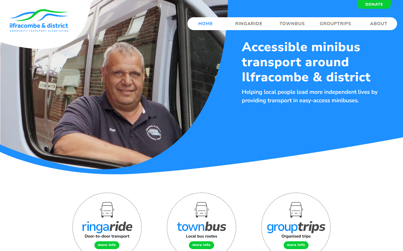 Ilfracombe Community Tr website screenshot showing their bus services and timetable information