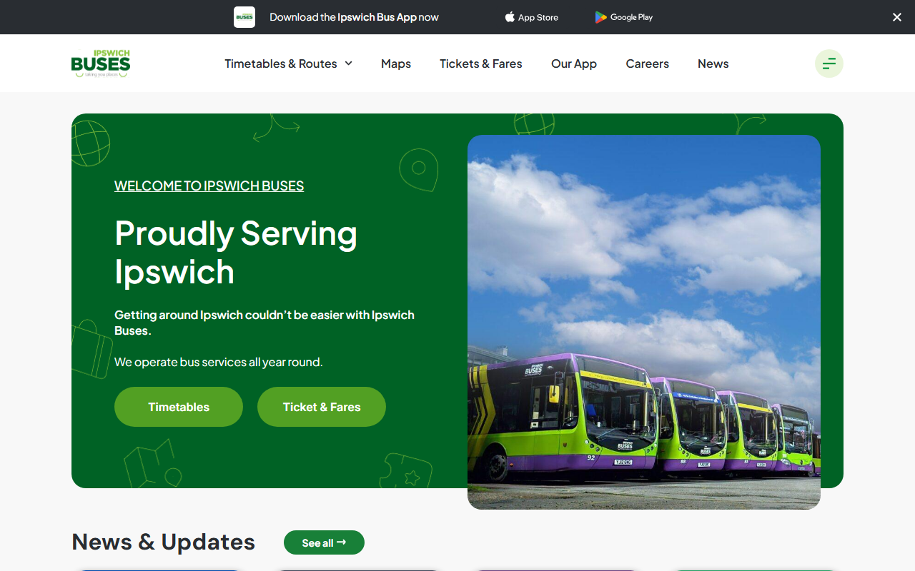 Ipswich Buses website screenshot showing their bus services and timetable information