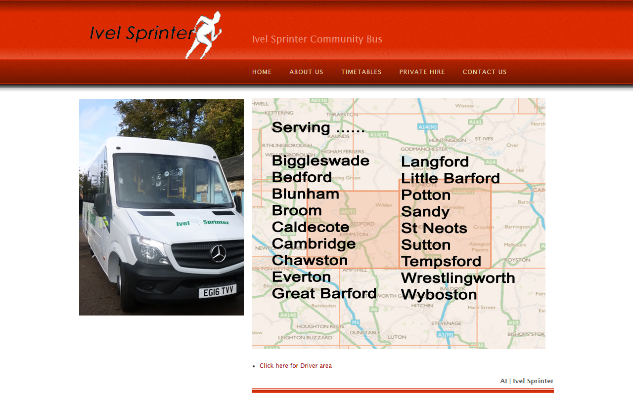 Ivel Sprinter website screenshot showing their bus services and timetable information