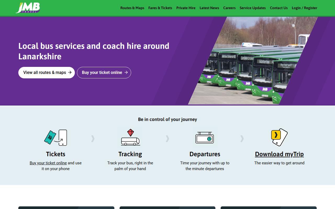 JMB Travel website screenshot showing their bus services and timetable information