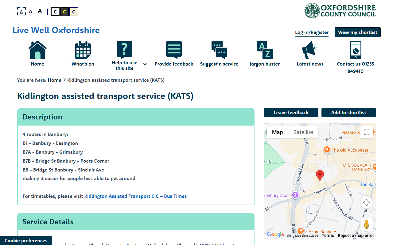 Kidlington Assisted Tra website screenshot showing their bus services and timetable information