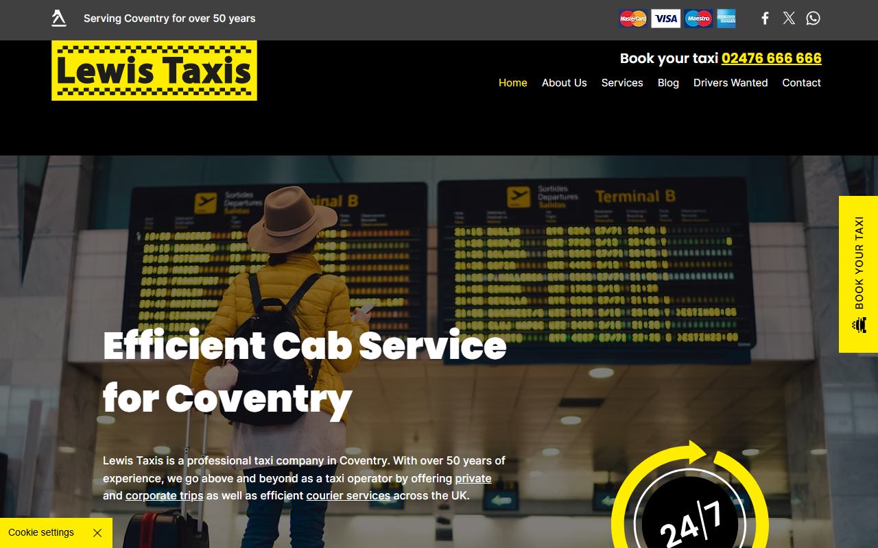 Lewis Taxis website screenshot showing their bus services and timetable information