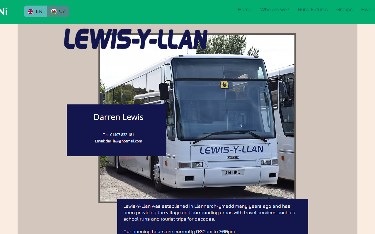 Lewis Y Llan website screenshot showing their bus services and timetable information