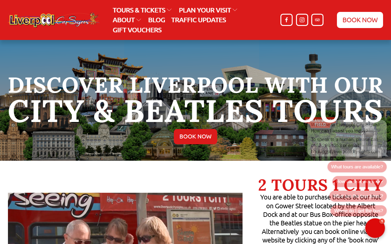 Liverpool City Sights website screenshot showing their bus services and timetable information