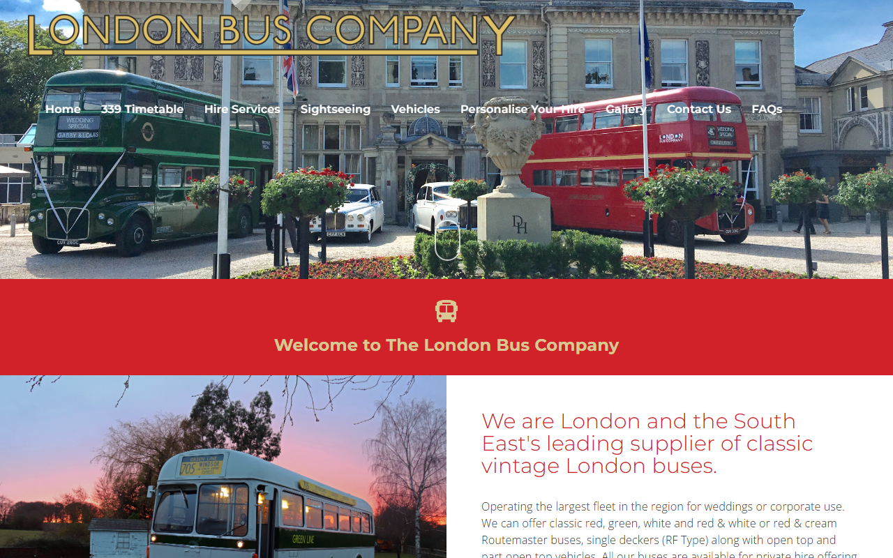 London Vintage Bus Hire (trading as The London Bus Company) website screenshot showing their bus services and timetable information