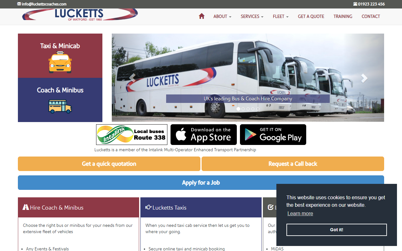 Lucketts of Watford website screenshot showing their bus services and timetable information