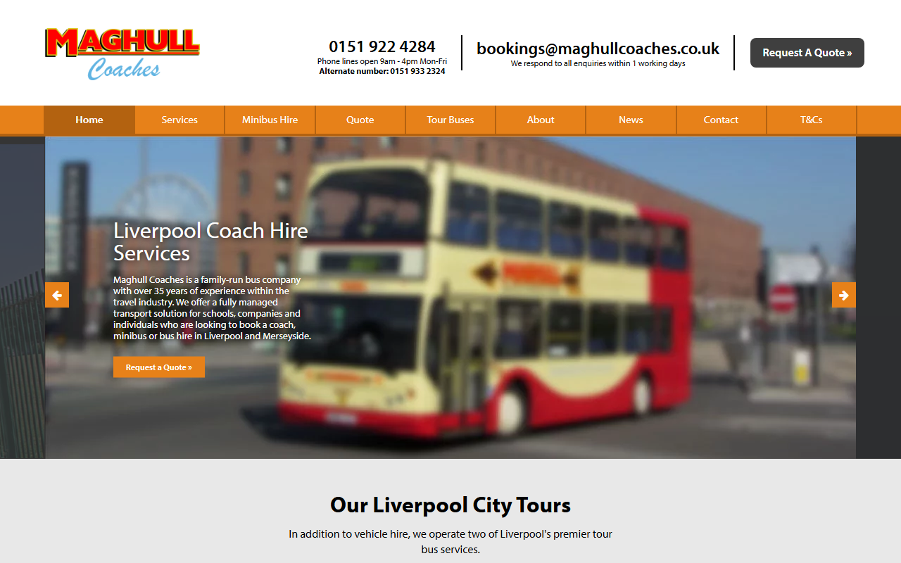 Maghull Coaches website screenshot showing their bus services and timetable information