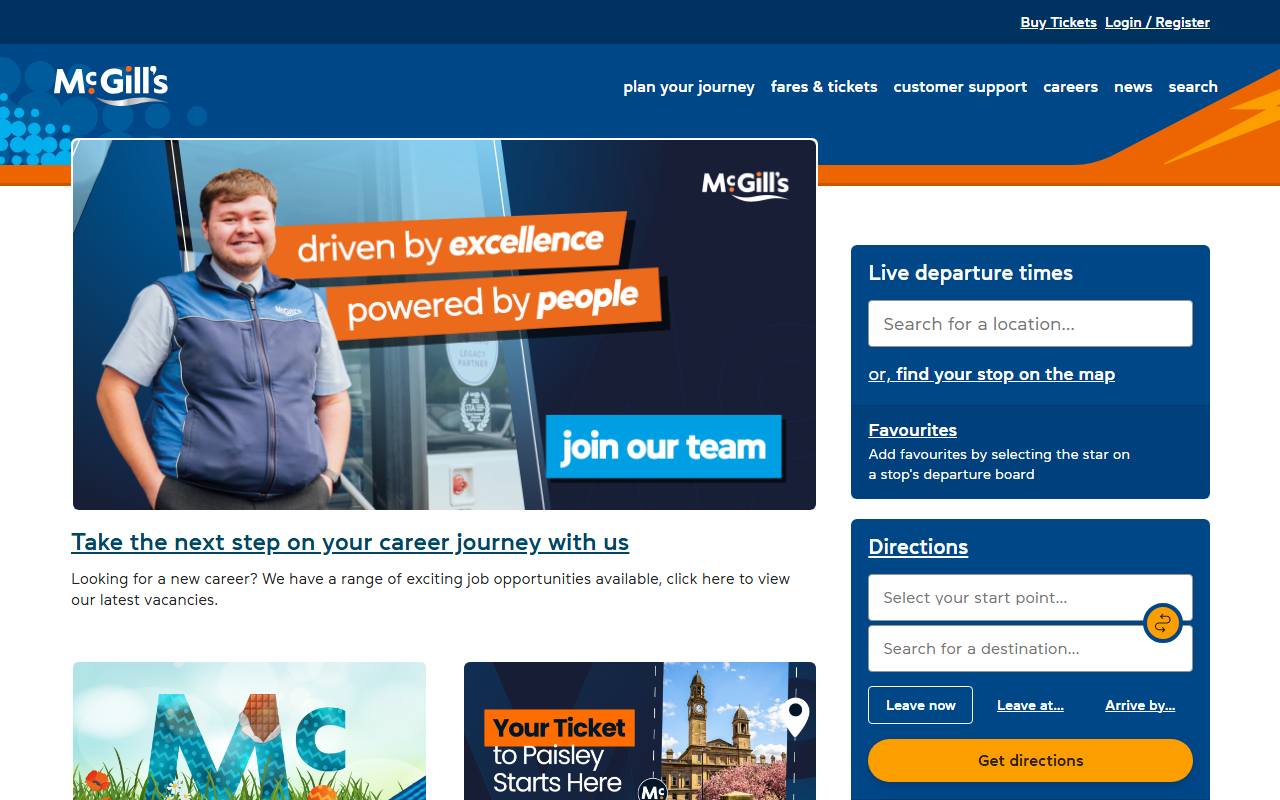 McGills Buses website screenshot showing their bus services and timetable information