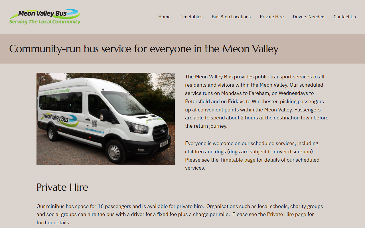 Meon Valley Community B website screenshot showing their bus services and timetable information