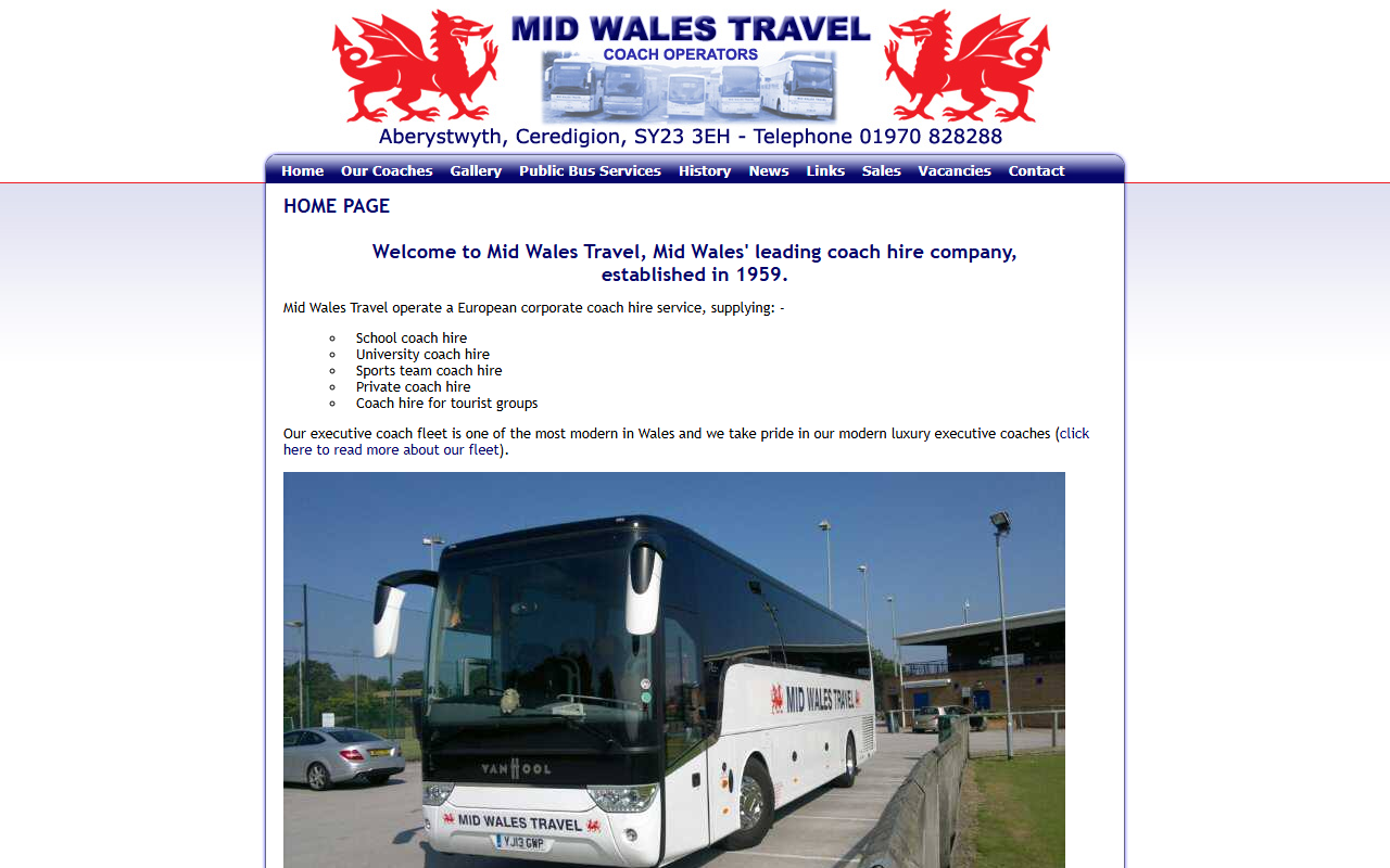Mid Wales Travel website screenshot showing their bus services and timetable information