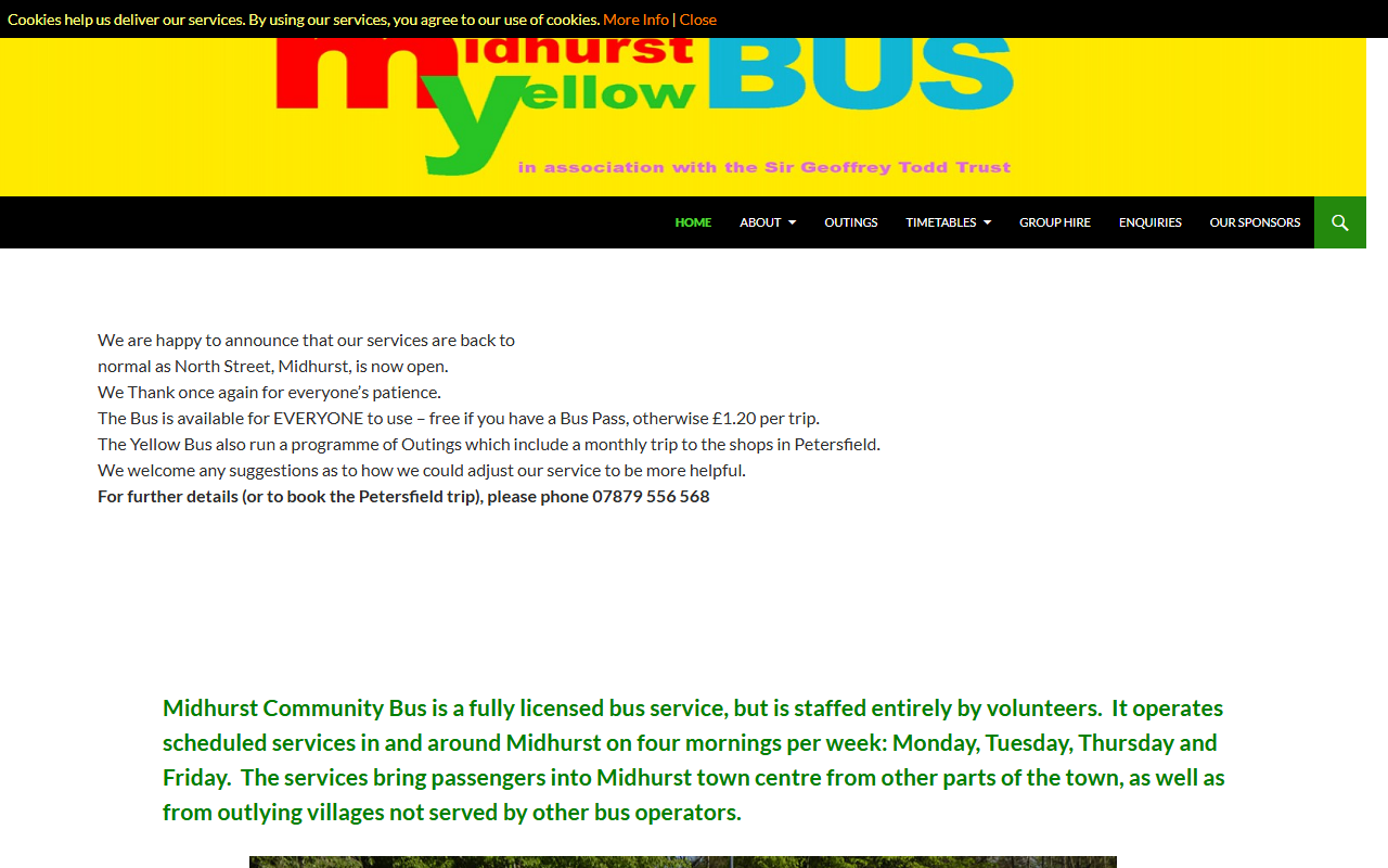 Midhurst Community Bus website screenshot showing their bus services and timetable information