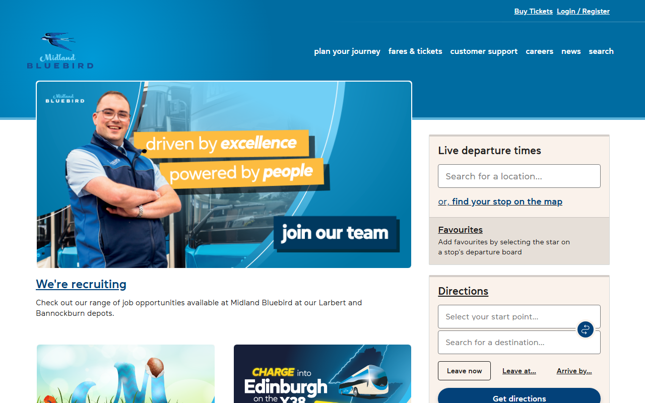 Midland Bluebird website screenshot showing their bus services and timetable information