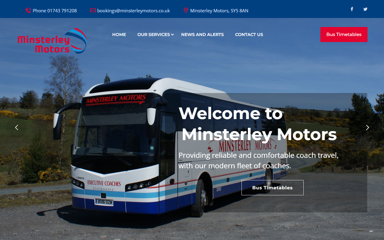 Minsterley Motors Ltd website screenshot showing their bus services and timetable information