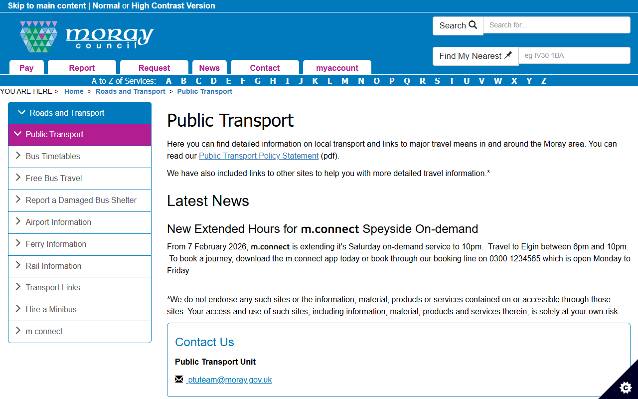 Moray Council website screenshot showing their bus services and timetable information